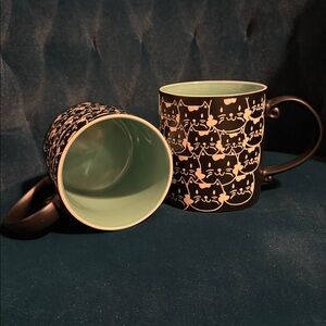 Pair of Two Huge Cat Debossed Coffee Mugs black / white with turquoise interior